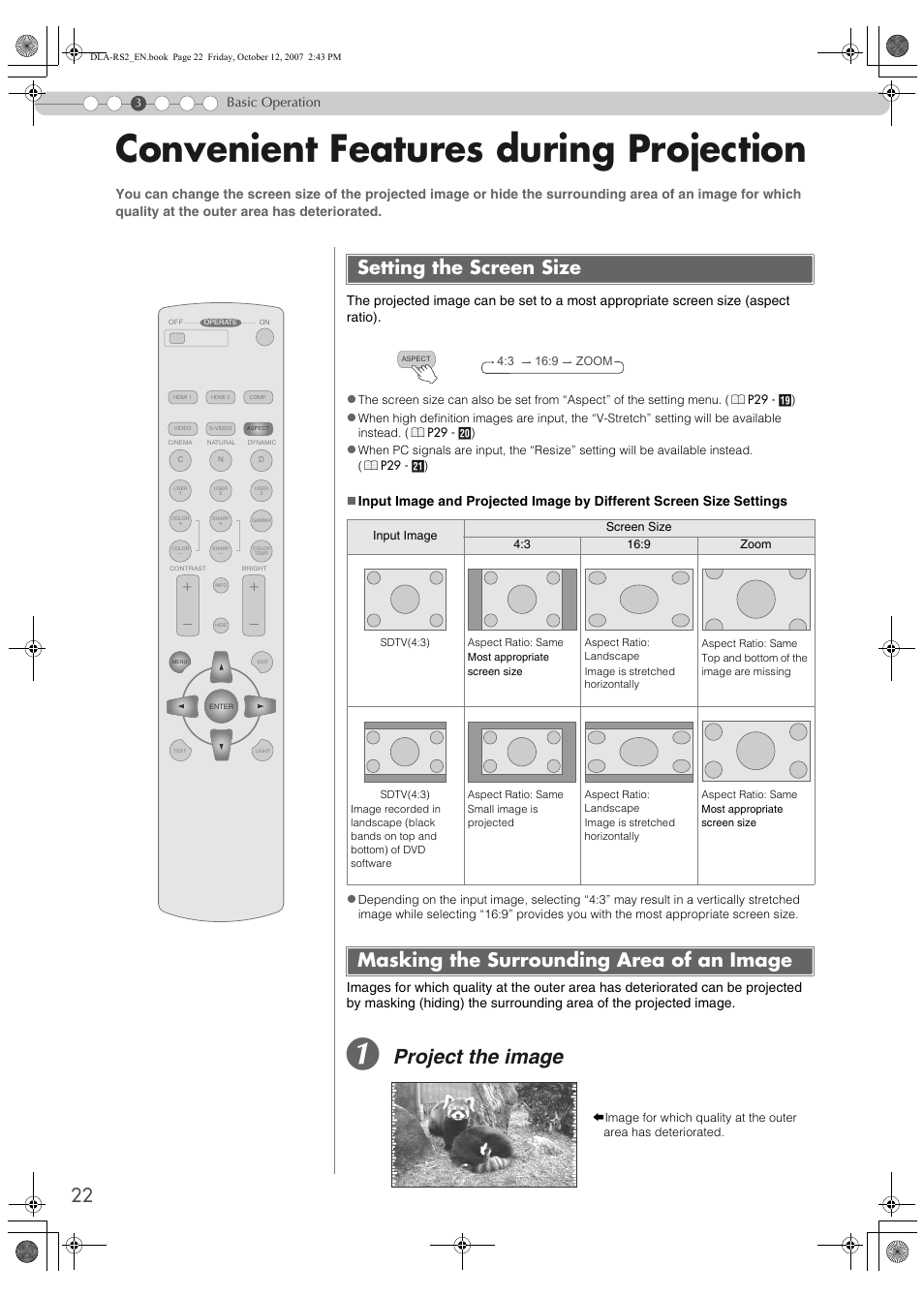 Convenient features during projection, Setting the screen size, Masking the surrounding area of an image | Project the image | Meridian Audio MF-10 User Manual | Page 22 / 55