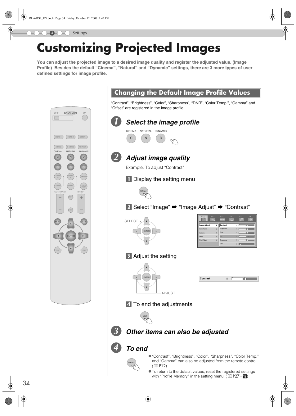 Customizing projected images, Changing the default image profile values, Select the image profile | Adjust image quality, Other items can also be adjusted, Settings, Example: to adjust “contrast | Meridian Audio MF-10 User Manual | Page 34 / 55