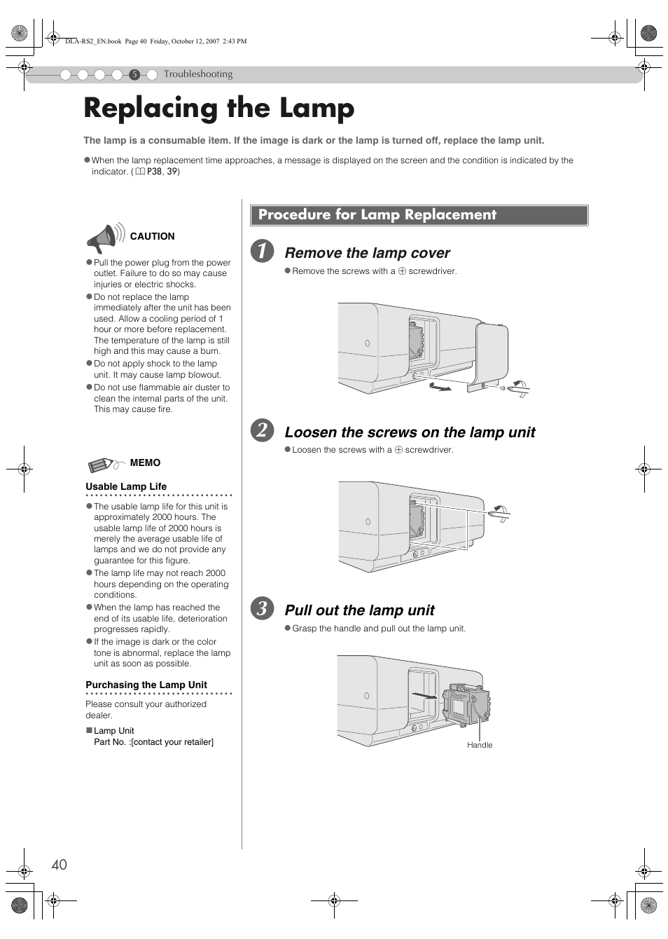 Replacing the lamp, Procedure for lamp replacement, Remove the lamp cover | Loosen the screws on the lamp unit, Pull out the lamp unit | Meridian Audio MF-10 User Manual | Page 40 / 55