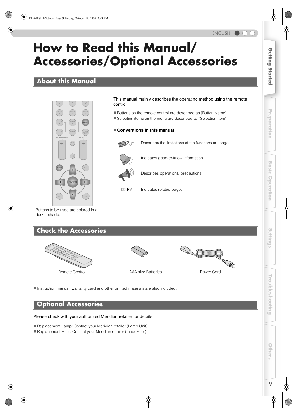 About this manual, Check the accessories, Optional accessories | How to read this manual, Accessories/optional accessories, Check the accessories optional accessories | Meridian Audio MF-10 User Manual | Page 9 / 55