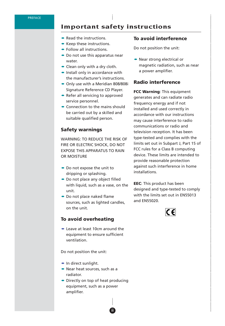 Important safety instructions, Safety warnings, Radio interference | Meridian Audio 808 User Manual | Page 3 / 43