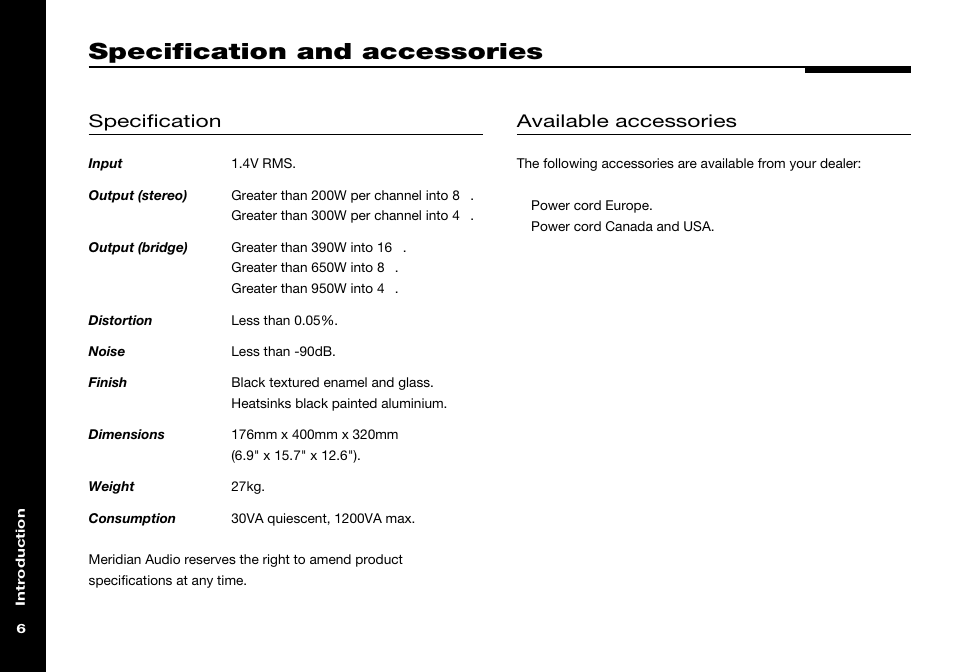 Specification and accessories, Accessories, Specification | Available accessories | Meridian Audio 557 User Manual | Page 10 / 22