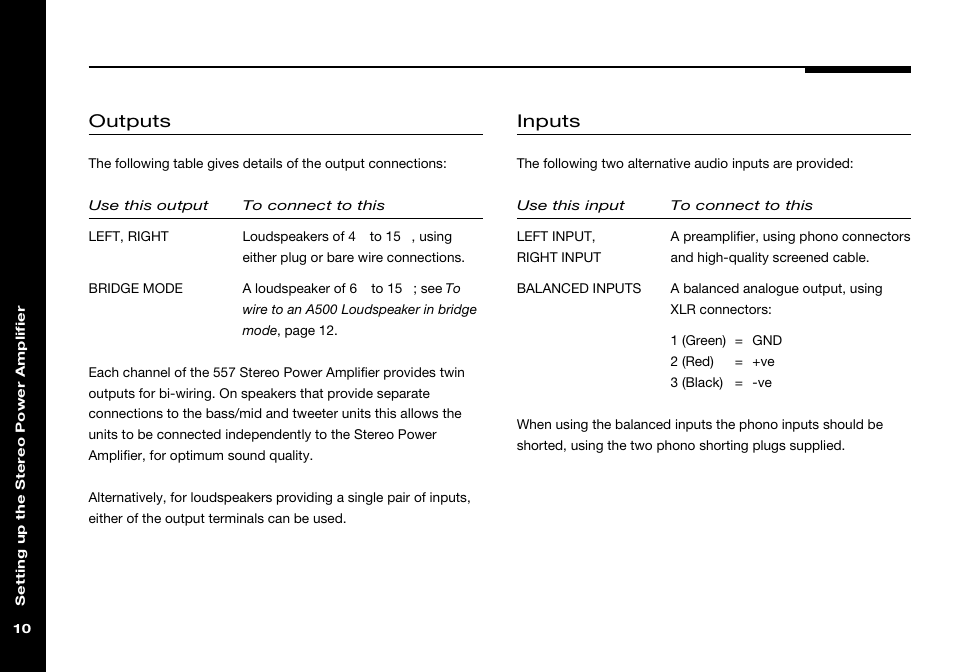 Balanced inputs, Bi-wire connection, Bridge mode | Inputs, Outputs, Phono shorting plugs, Xlr connectors | Meridian Audio 557 User Manual | Page 14 / 22