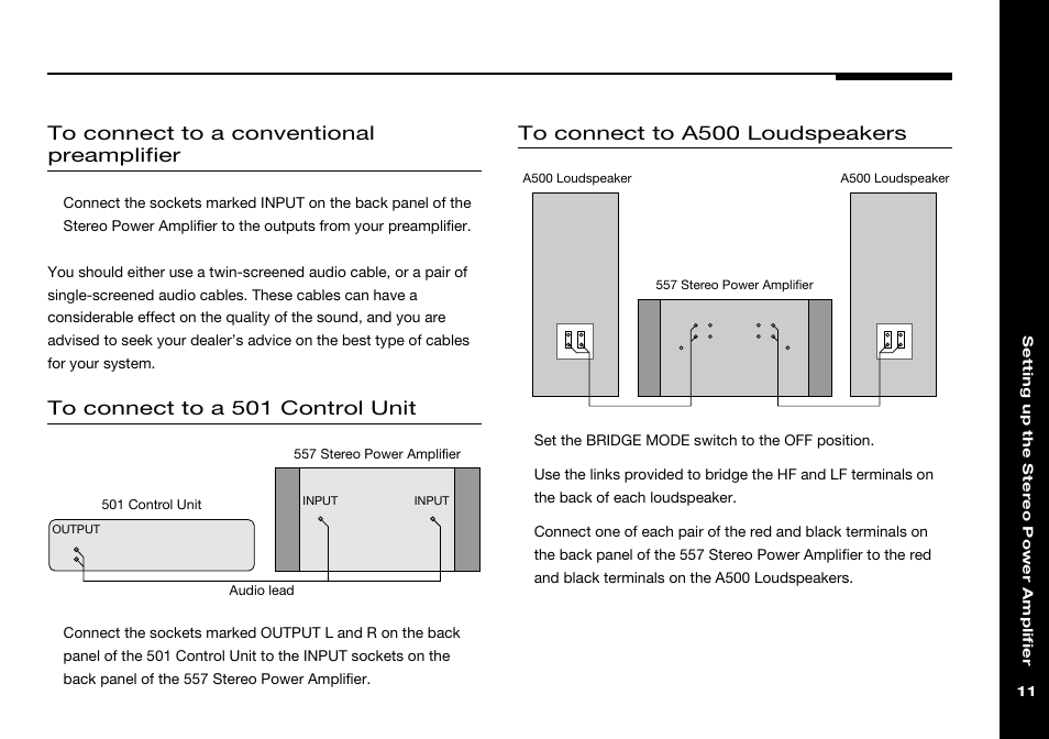 To a 501 control unit, To a conventional preamplifier, To a500 loudspeakers | Meridian Audio 557 User Manual | Page 15 / 22