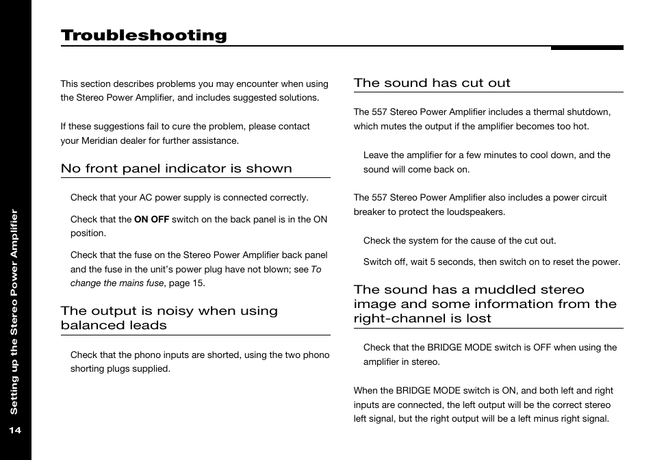 Troubleshooting, Muddled sound, Noise on output | Sound has cut out, Thermal protection | Meridian Audio 557 User Manual | Page 18 / 22