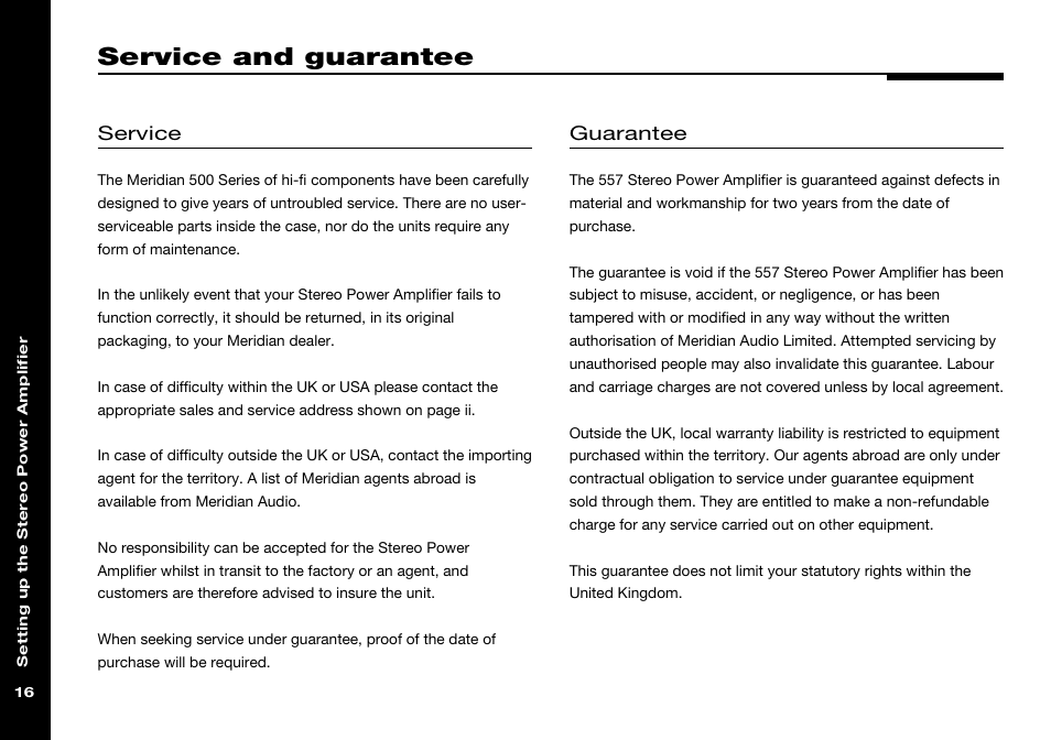 Service and guarantee, Guarantee, Service | Meridian Audio 557 User Manual | Page 20 / 22