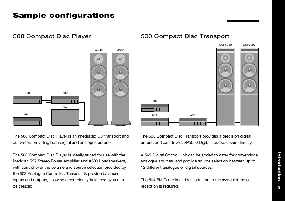 Sample configurations, 500 compact disc transport, 502 analogue controller | 508 compact disc player, 557 stereo power amplifier, 562 digital control unit, Meridian a500 loudspeakers, Meridian dsp5000 digital loudspeakers | Meridian Audio 557 User Manual | Page 7 / 22