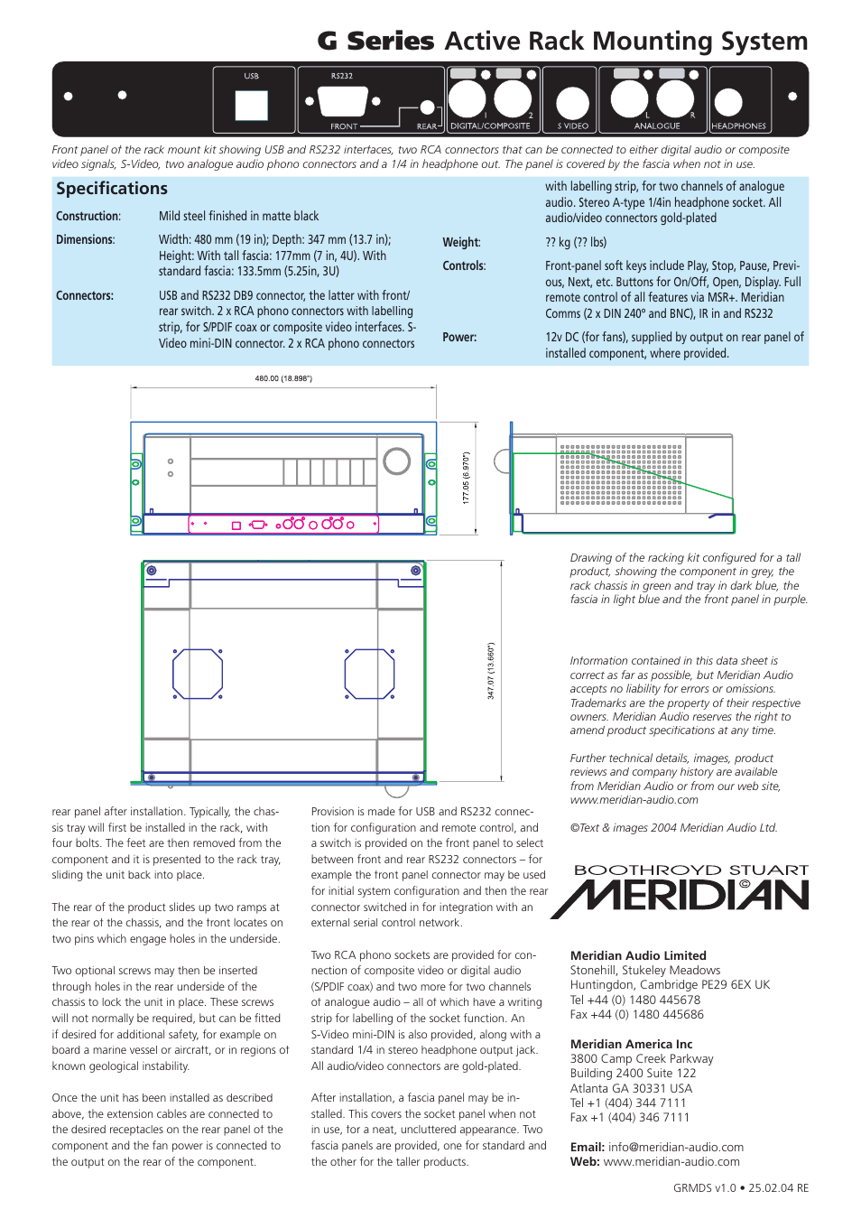 G series active rack mounting system, Speciﬁ cations | Meridian Audio G Series User Manual | Page 2 / 2