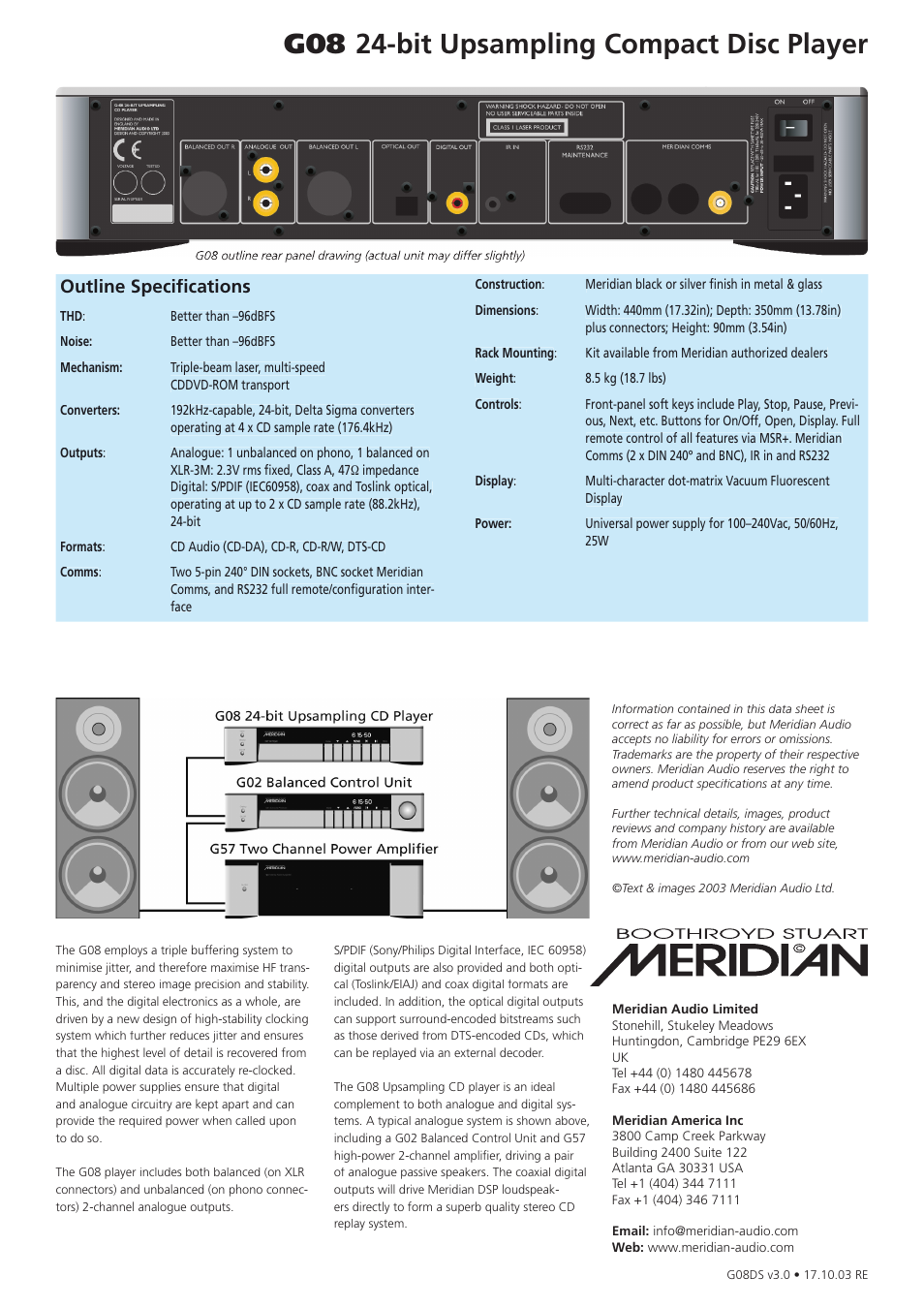 G08 24-bit upsampling compact disc player, Outline specifi cations | Meridian Audio G08 User Manual | Page 2 / 2