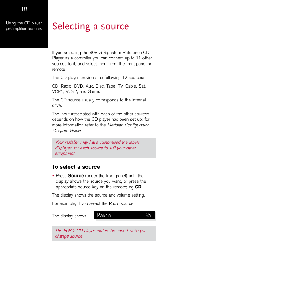 Selecting a source | Meridian Audio 808.2 User Manual | Page 22 / 38