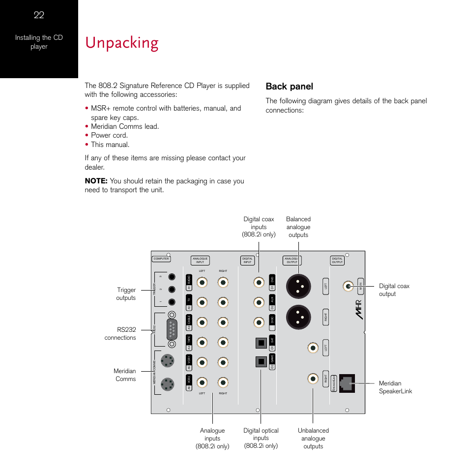 Unpacking, Back panel, Installing the cd player | Meridian Audio 808.2 User Manual | Page 26 / 38