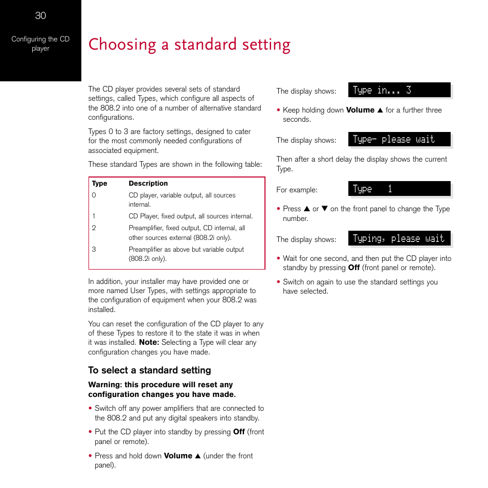 Choosing a standard setting, Type in, Type- please wait | Type 1, Typing, please wait | Meridian Audio 808.2 User Manual | Page 34 / 38