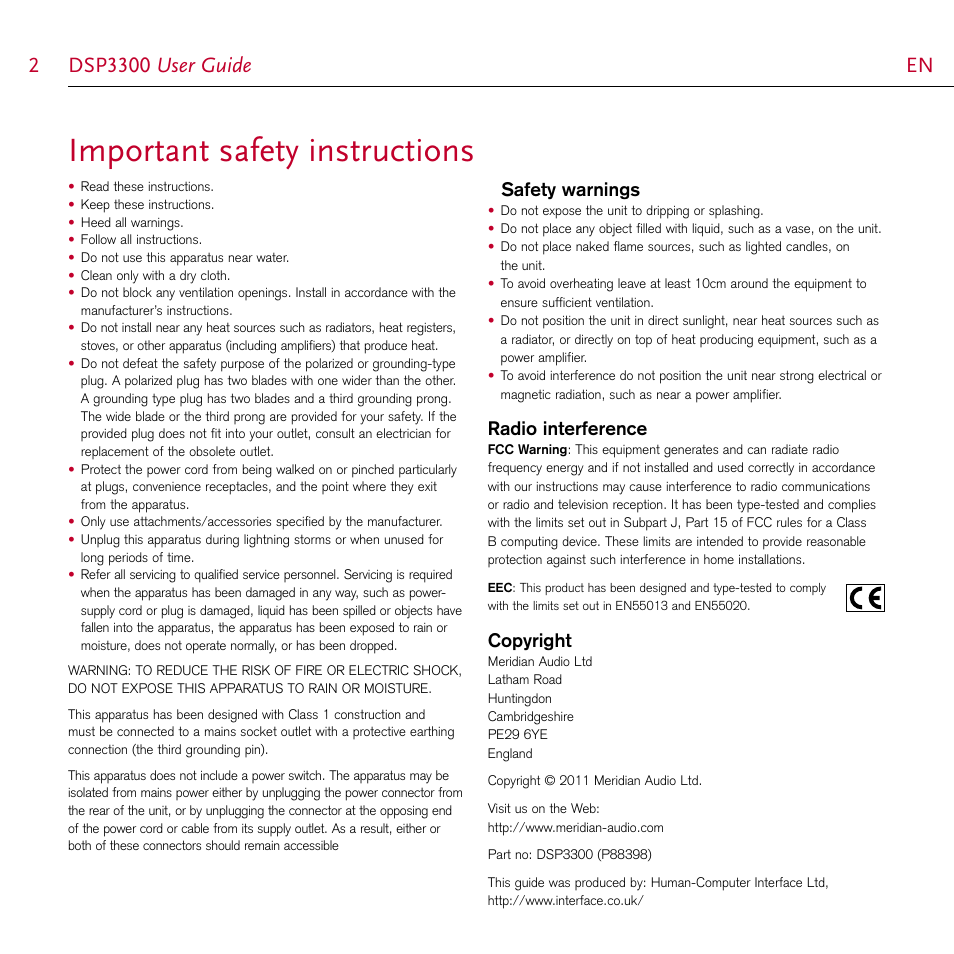 Important safety instructions, Dsp3300 user guide  en en, Safety warnings | Radio interference, Copyright | Meridian Audio DSP3300 User Manual | Page 2 / 8