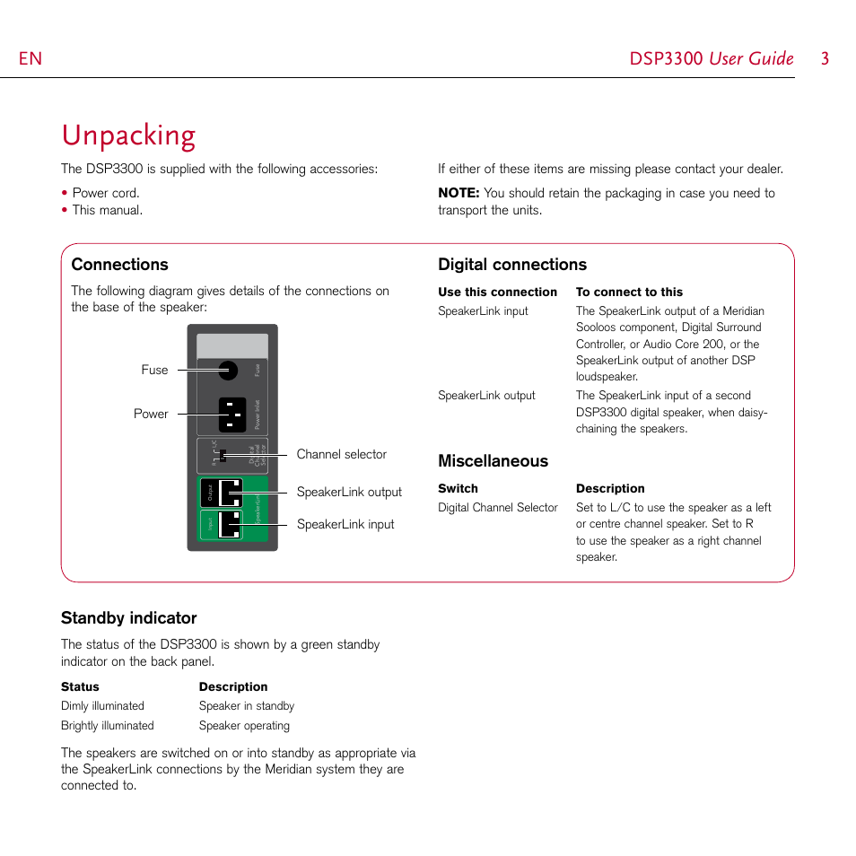 Unpacking, Connections, Digital connections | Miscellaneous, Standby indicator | Meridian Audio DSP3300 User Manual | Page 3 / 8