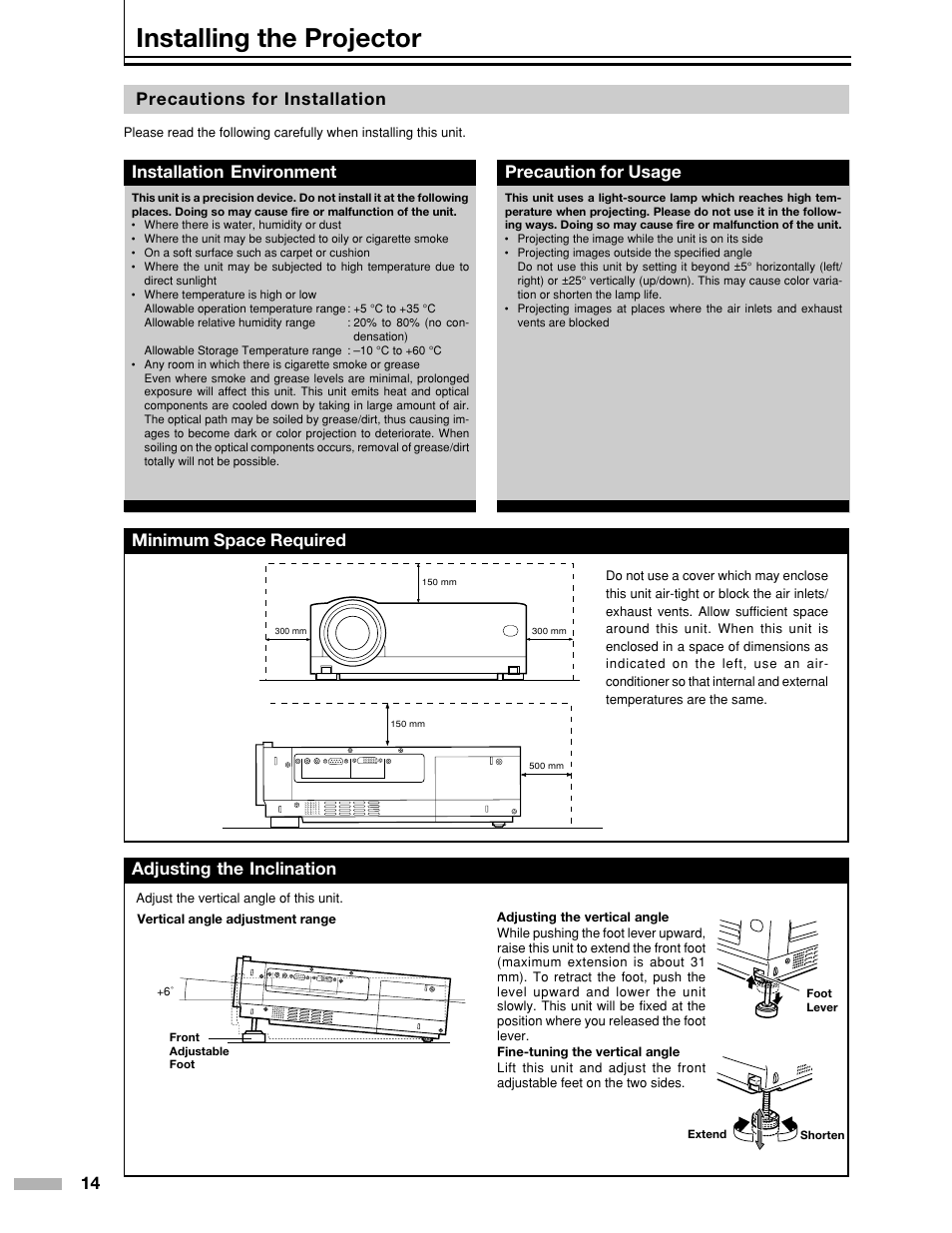 Installing the projector, Precautions for installation, Minimum space required adjusting the inclination | Installation environment, Precaution for usage | Meridian Audio DILA1080pHD User Manual | Page 14 / 40