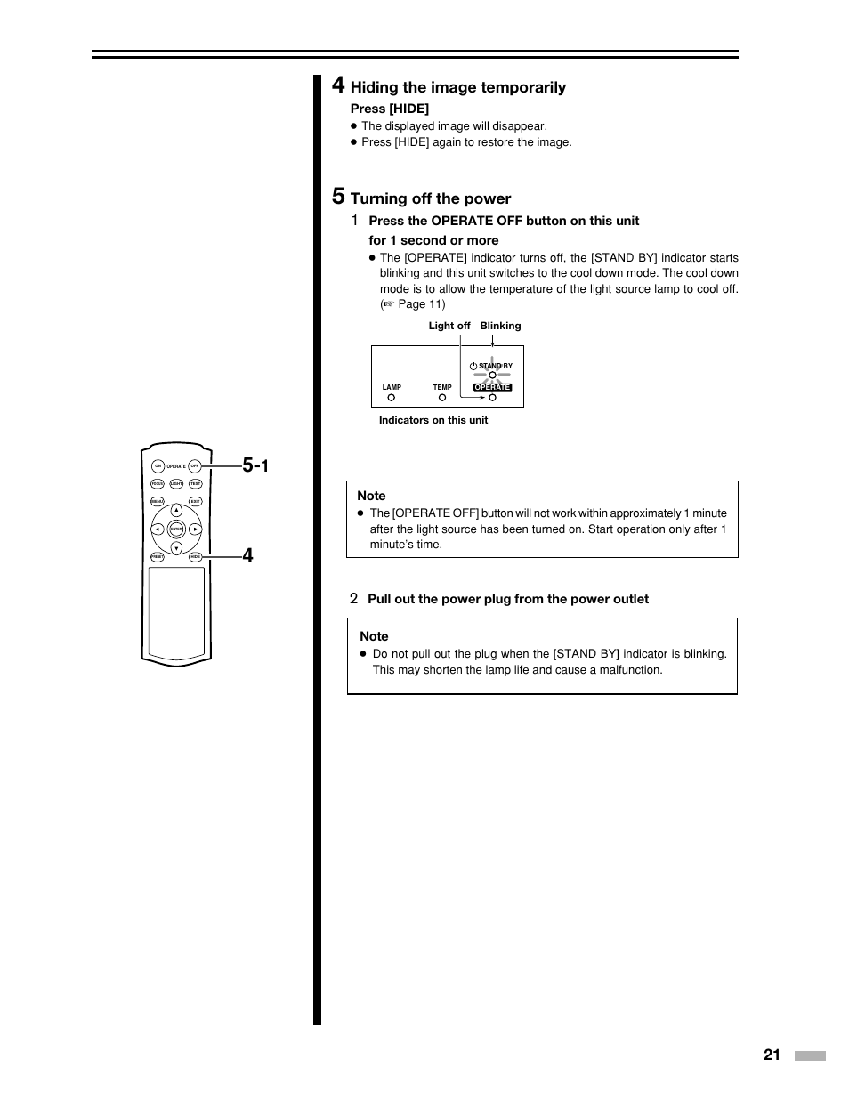 Hiding the image temporarily, Turning off the power 1 | Meridian Audio DILA1080pHD User Manual | Page 21 / 40