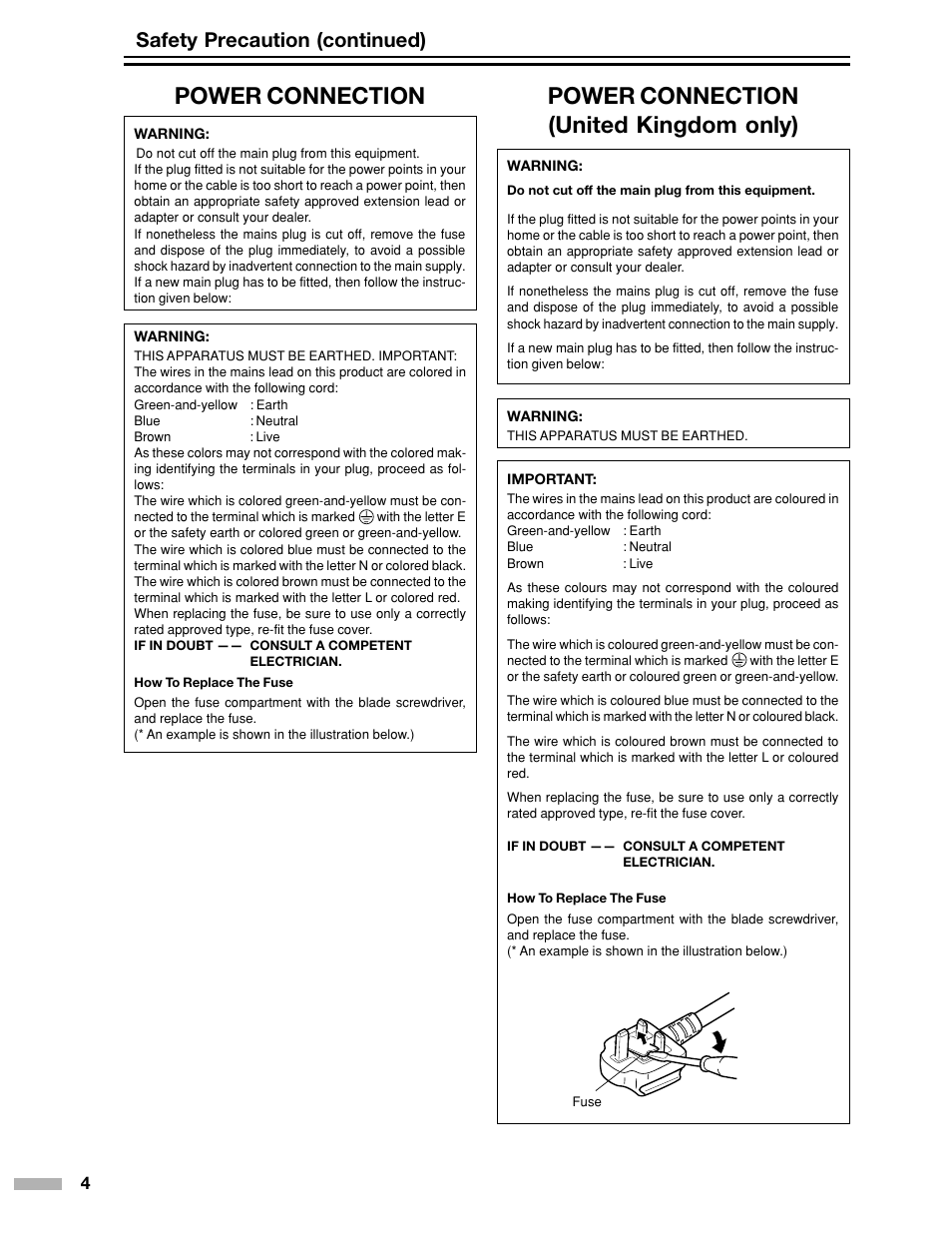 Power connection (united kingdom only), Power connection, Safety precaution (continued) | Meridian Audio DILA1080pHD User Manual | Page 4 / 40