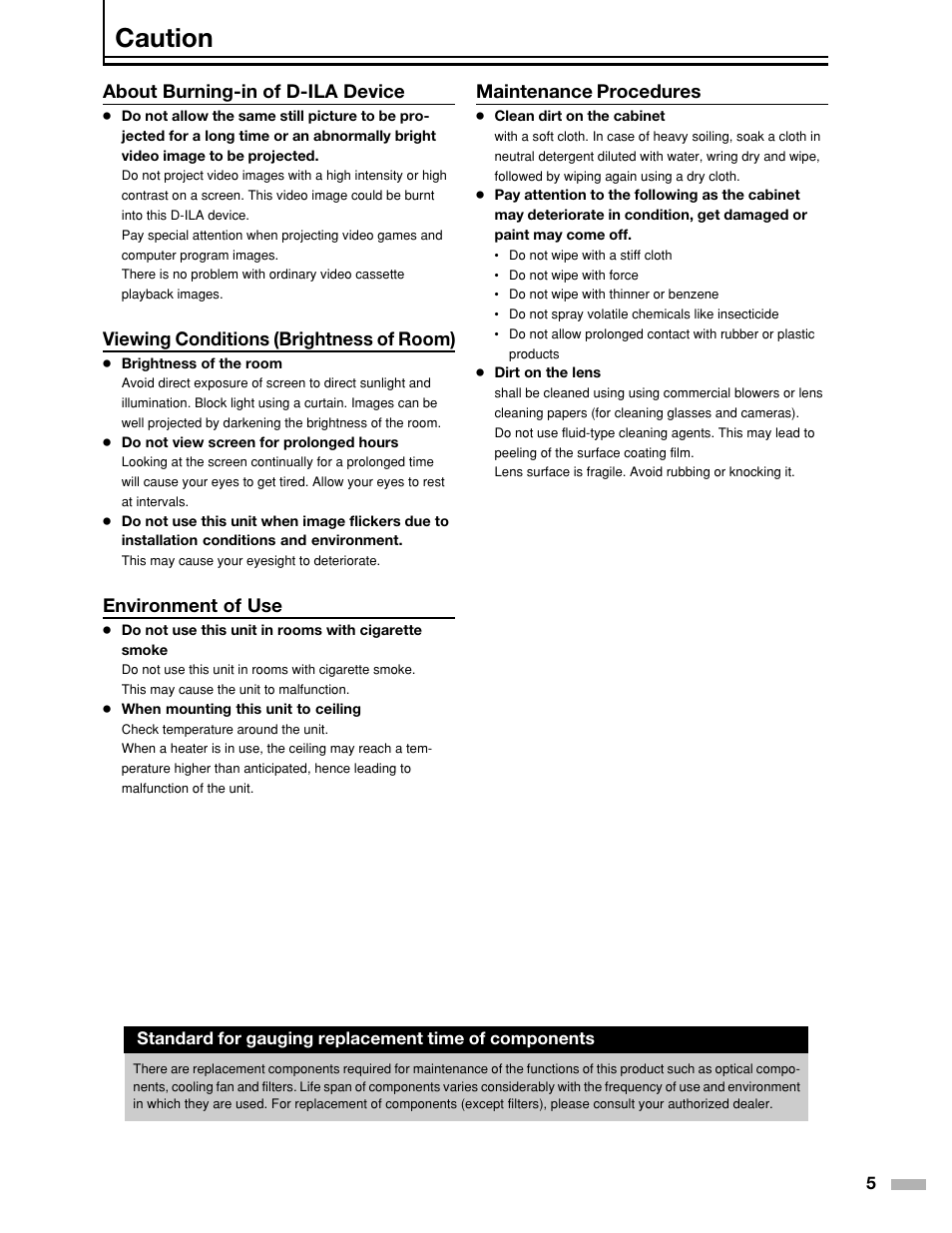 Caution, Maintenance procedures, About burning-in of d-ila device | Viewing conditions (brightness of room), Environment of use | Meridian Audio DILA1080pHD User Manual | Page 5 / 40
