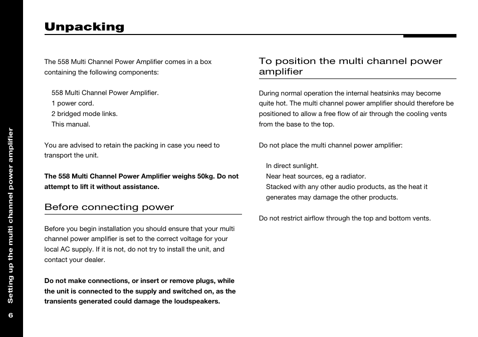 Unpacking, Components, Heat generated during operation | Installing, Lifting the 558, Overheating, Positioning, Before connecting power | Meridian Audio 558 User Manual | Page 11 / 25