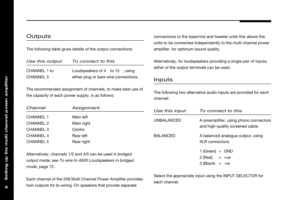 Balanced inputs, Bi-wire connection, Inputs | Loudspeakers, connecting, Outputs, Unbalanced inputs, Xlr connectors | Meridian Audio 558 User Manual | Page 13 / 25