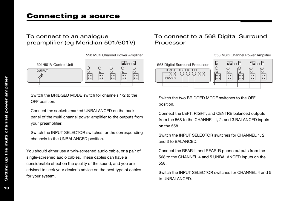 Connecting a source, To a 501/501v control unit, To a 568 | To an analogue preamplifier | Meridian Audio 558 User Manual | Page 15 / 25