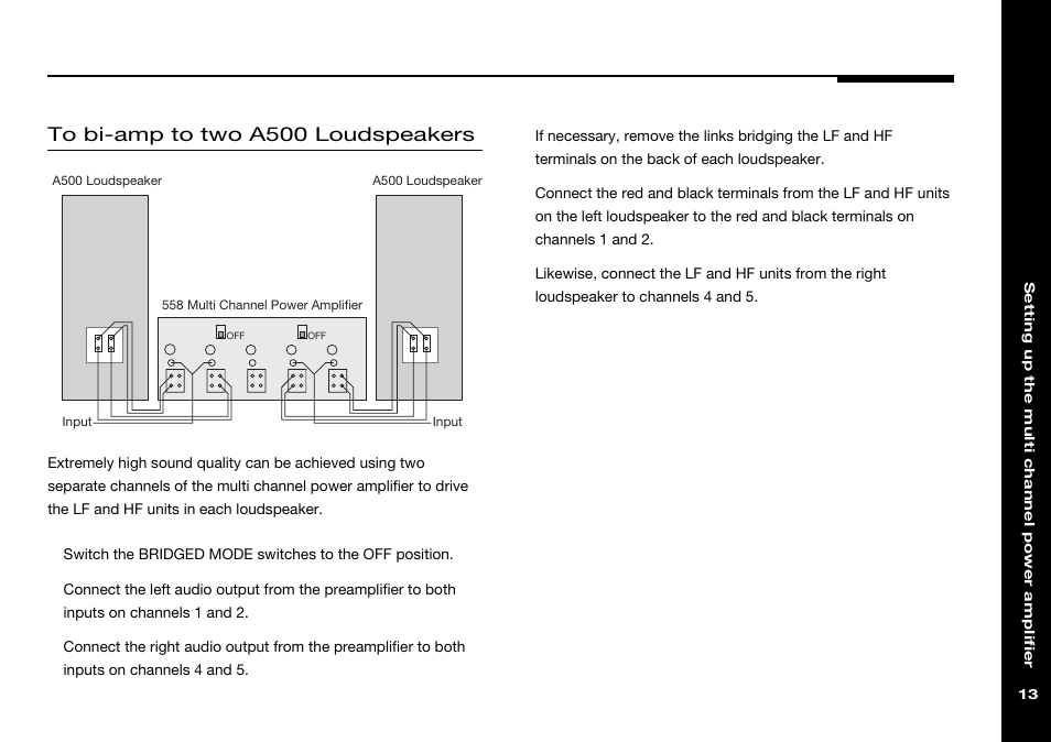 Bi-amp connection, To two a500 loudspeakers | Meridian Audio 558 User Manual | Page 18 / 25