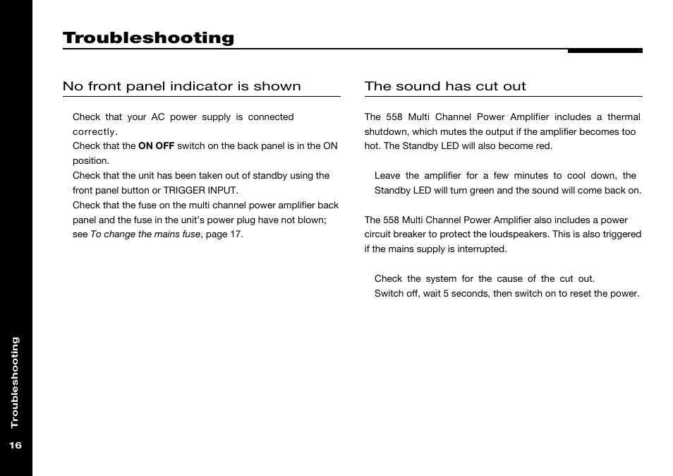 Troubleshooting, Sound has cut out, Thermal protection | Meridian Audio 558 User Manual | Page 21 / 25