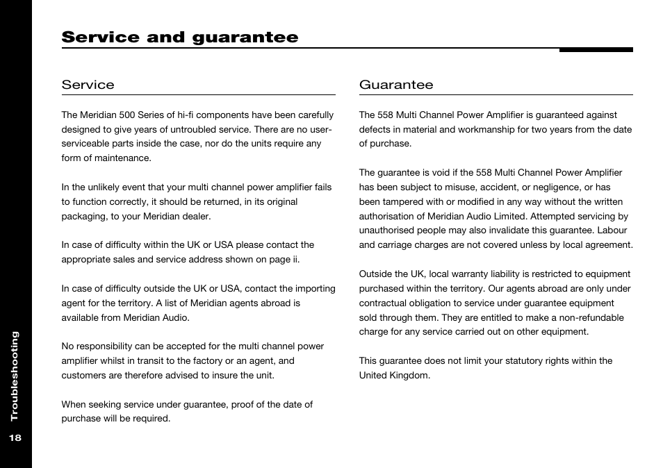 Service and guarantee, Guarantee, Service | Meridian Audio 558 User Manual | Page 23 / 25