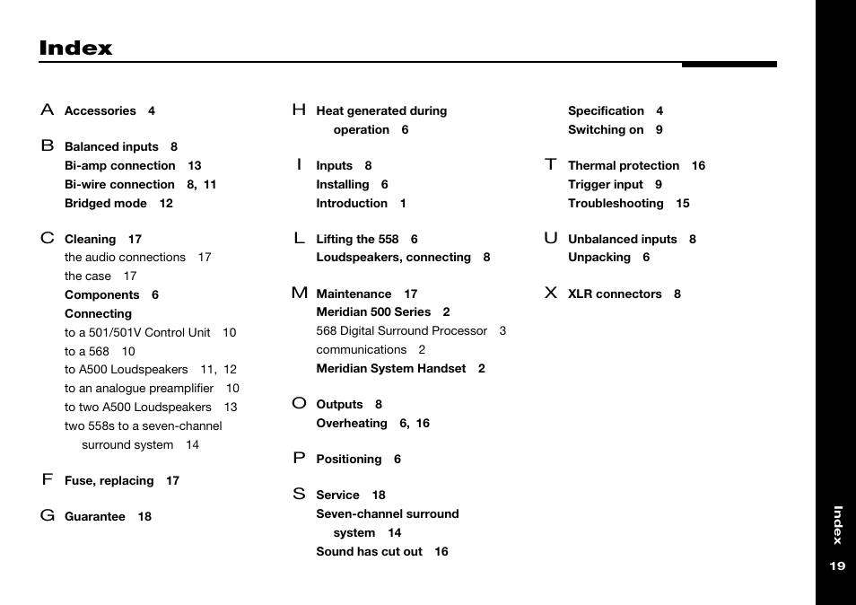 Index, Connecting | Meridian Audio 558 User Manual | Page 24 / 25