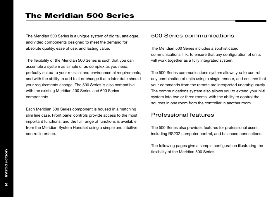 The meridian 500 series, Meridian 500 series, Communications | Meridian system handset, 500 series communications, Professional features | Meridian Audio 558 User Manual | Page 7 / 25