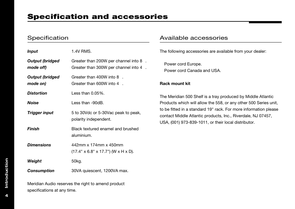 Specification and accessories, Accessories, Specification | Available accessories | Meridian Audio 558 User Manual | Page 9 / 25