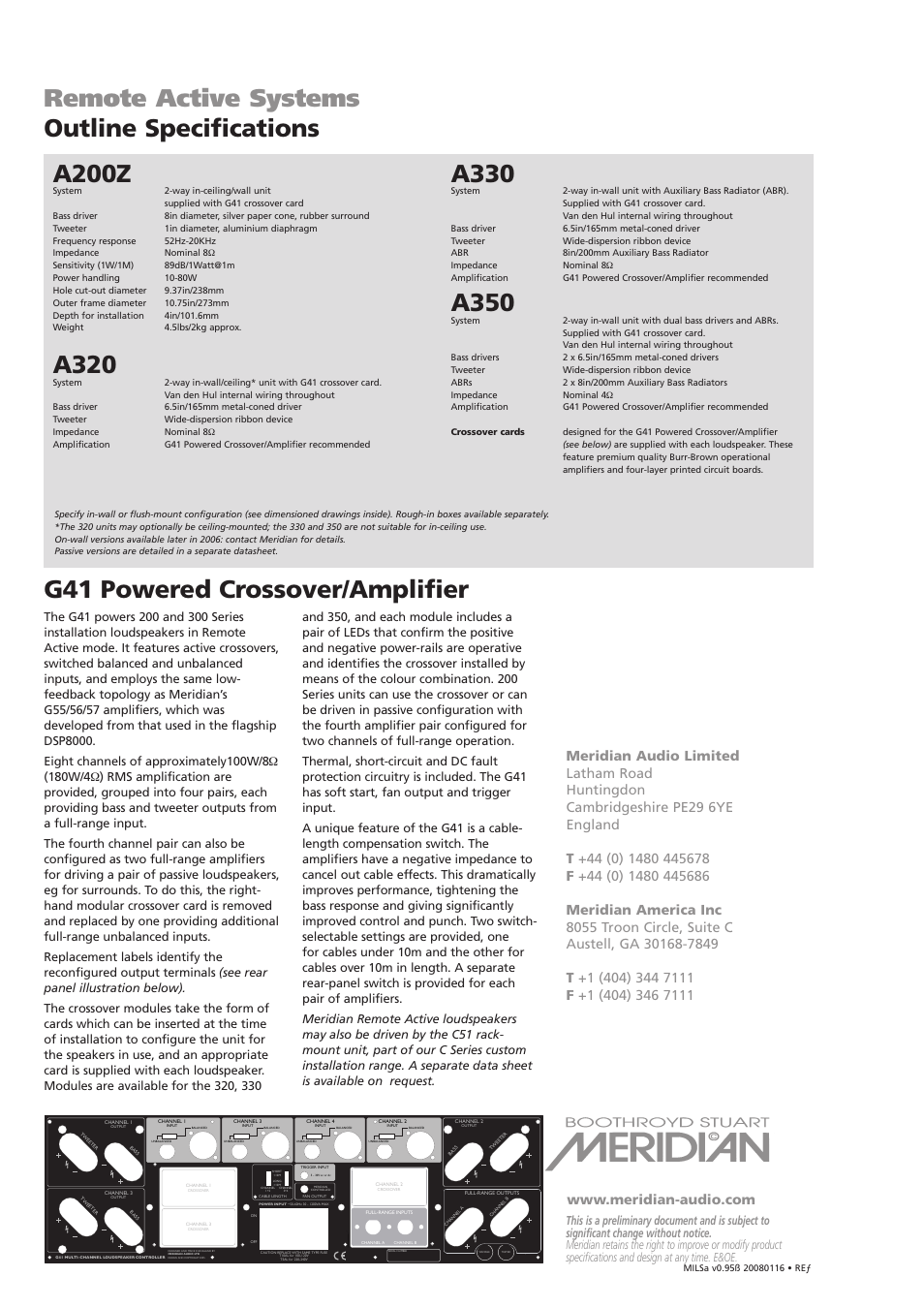 Remote active systems outline specifications a200z, A320, A330 | A350, G41 powered crossover/amplifier | Meridian Audio G41 User Manual | Page 4 / 4