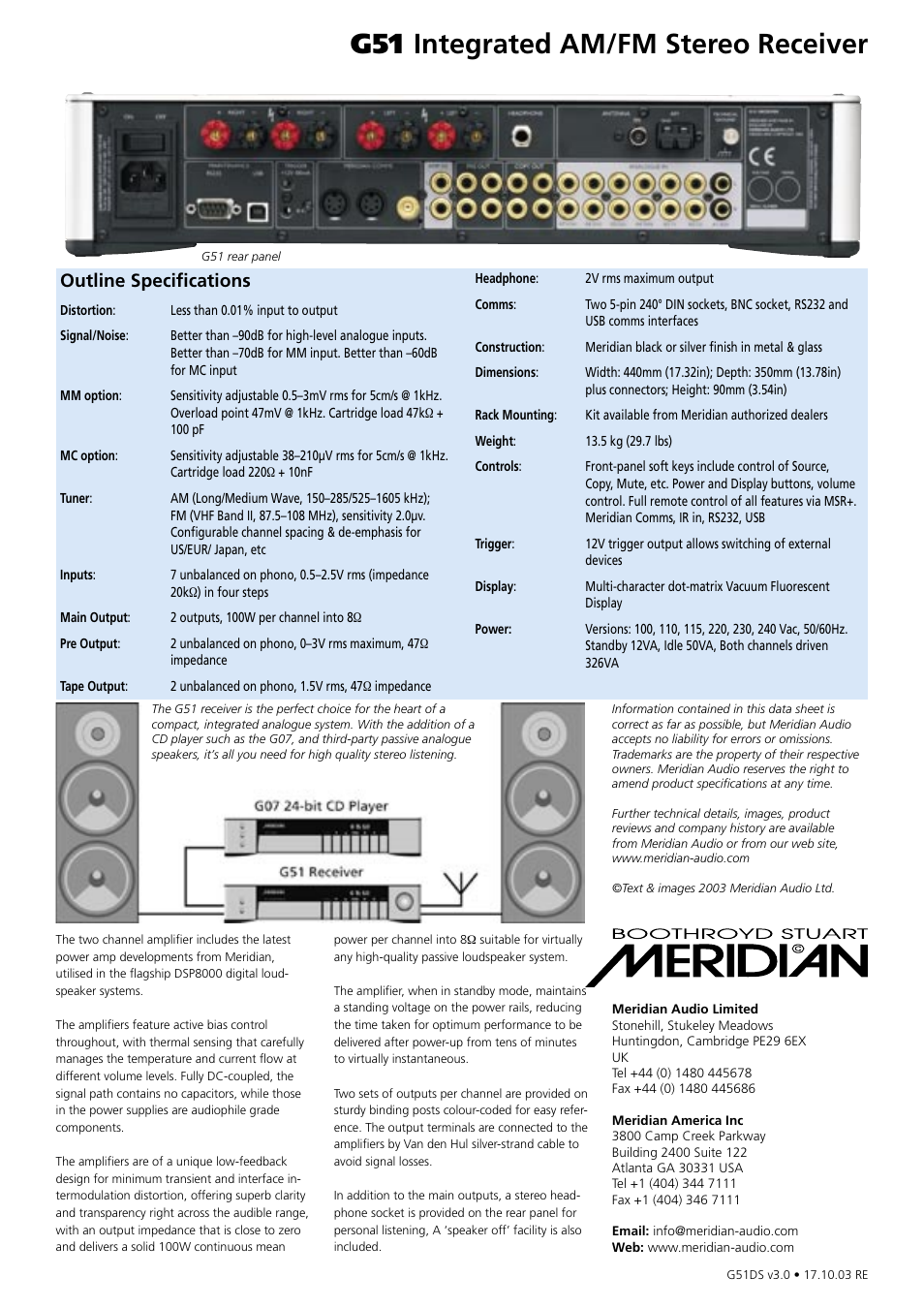 G51 integrated am/fm stereo receiver, Outline specifications | Meridian Audio G51 User Manual | Page 2 / 2