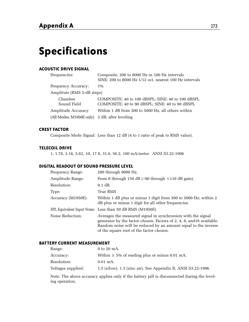 Specifications, Appendix a | Frye FONIX 7000 User Manual | Page 181 / 216