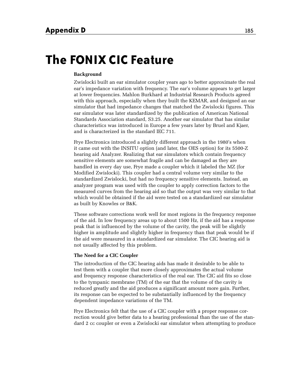 The fonix cic feature, Appendix d | Frye FONIX 7000 User Manual | Page 193 / 216