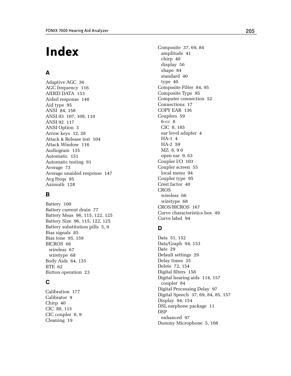 Index | Frye FONIX 7000 User Manual | Page 213 / 216