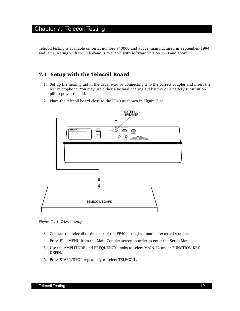 Chapter 7: telecoil testing, 1 setup with the telecoil board, Telecoil testing 121 | Frye FONIX FP40D User Manual | Page 129 / 164