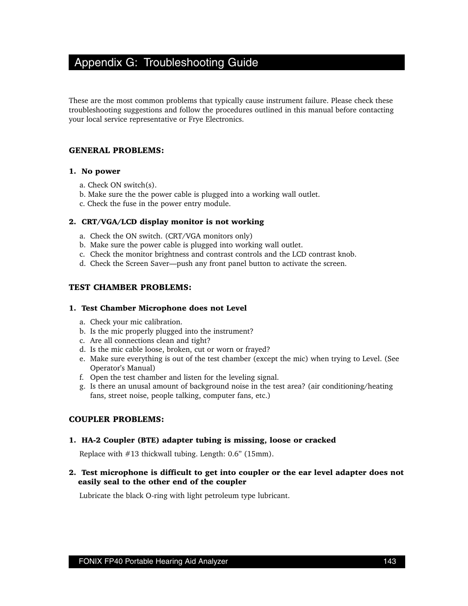 Appendix g: troubleshooting guide | Frye FONIX FP40D User Manual | Page 151 / 164