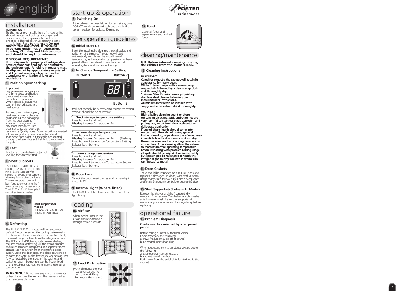 English, Installation, User operation guidelines | Start up & operation, Cleaning/maintenance, Loading, Operational failure | Foster HR140 LR140 User Manual | Page 2 / 4