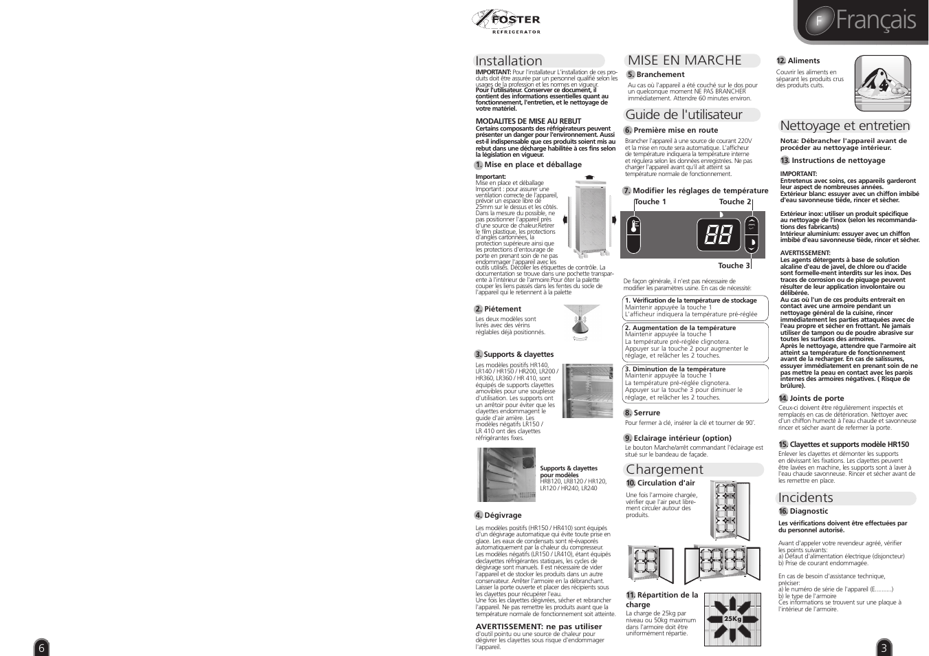 Français, Installation, Guide de l'utilisateur | Mise en marche, Nettoyage et entretien, Chargement, Incidents | Foster HR140 LR140 User Manual | Page 3 / 4