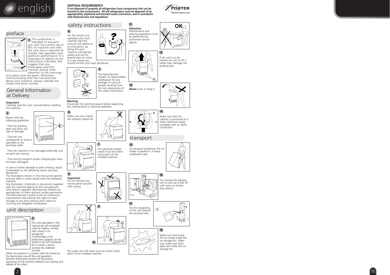 English, Preface general information at delivery, Unit description | Safety instructions, Transport | Foster CUBE ICE MAKER F60 User Manual | Page 2 / 8