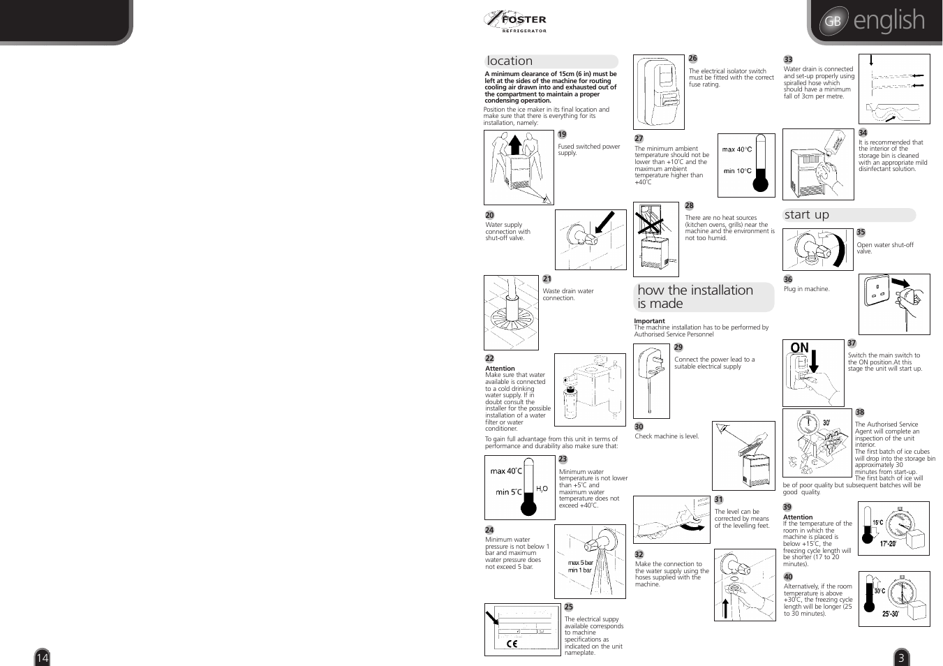 English, Gb how the installation is made, Location | Start up | Foster CUBE ICE MAKER F60 User Manual | Page 3 / 8