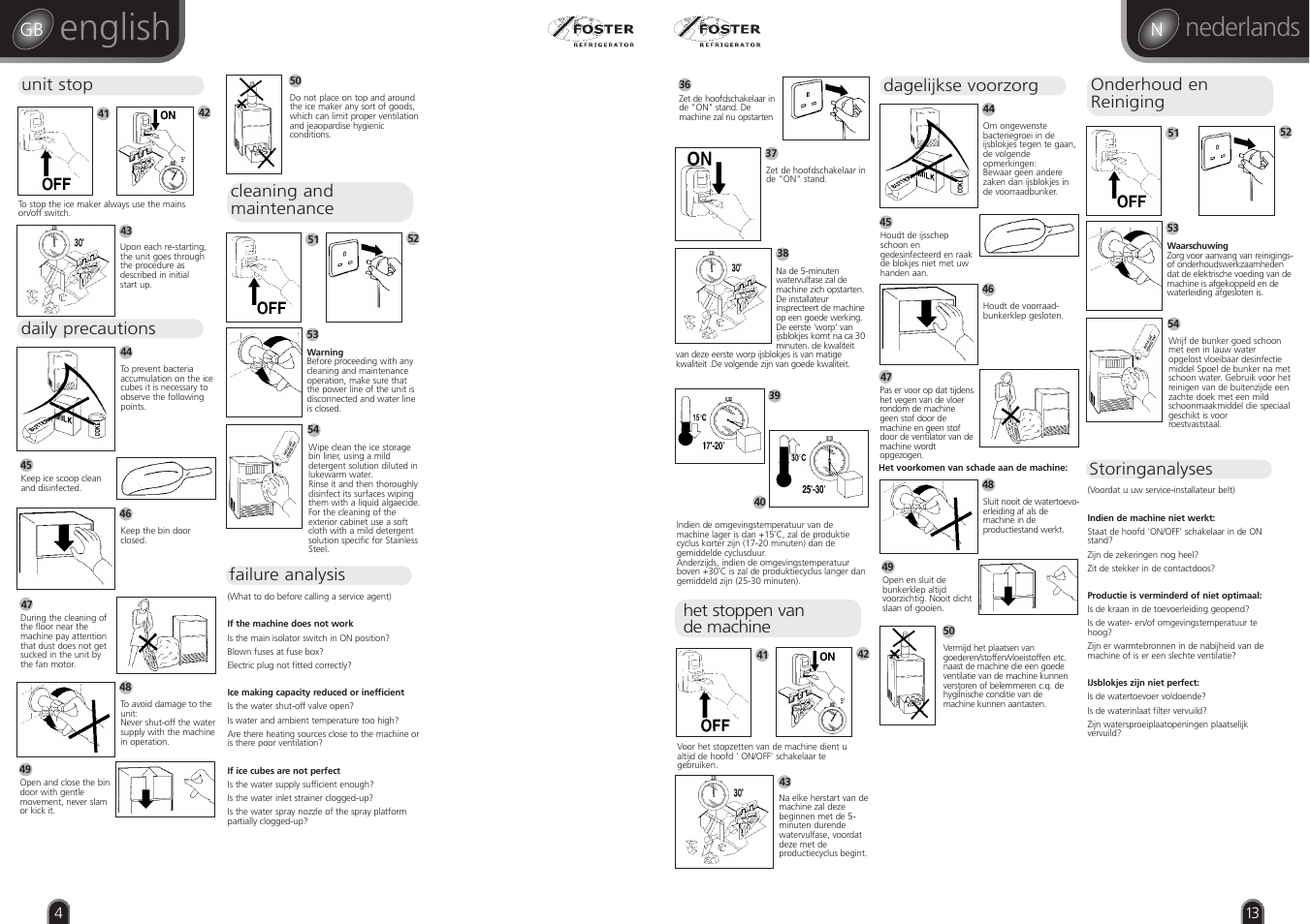 English, Nederlands, Unit stop | Daily precautions, Cleaning and maintenance, Failure analysis, Het stoppen van de machine, Dagelijkse voorzorg, Onderhoud en reiniging, Storinganalyses | Foster CUBE ICE MAKER F60 User Manual | Page 4 / 8