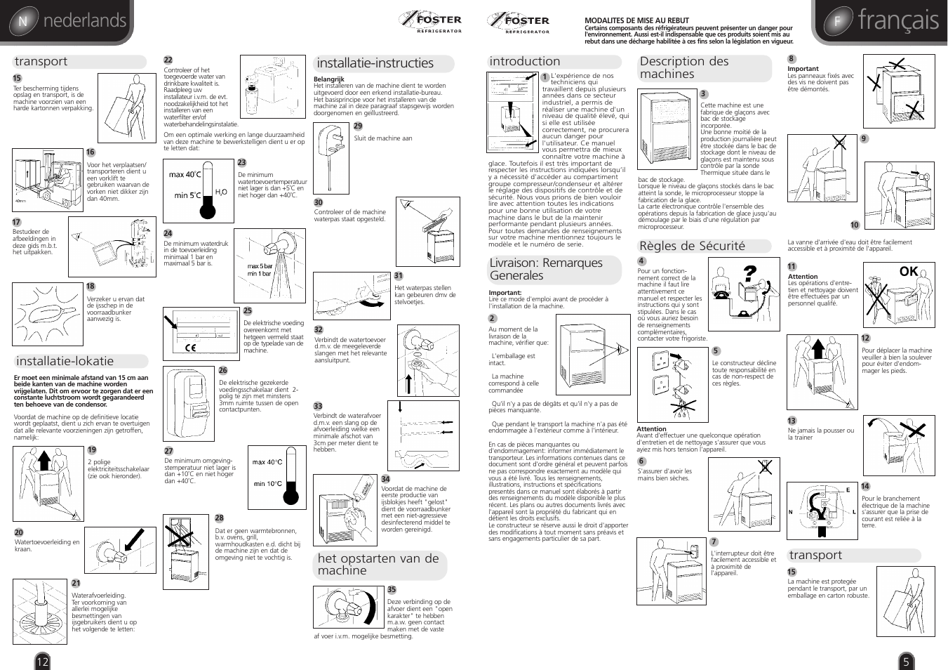 Français, Nederlands, Installatie-instructies | Introduction livraison: remarques generales, Description des machines, Règles de sécurité, Transport, Installatie-lokatie, Het opstarten van de machine | Foster CUBE ICE MAKER F60 User Manual | Page 5 / 8