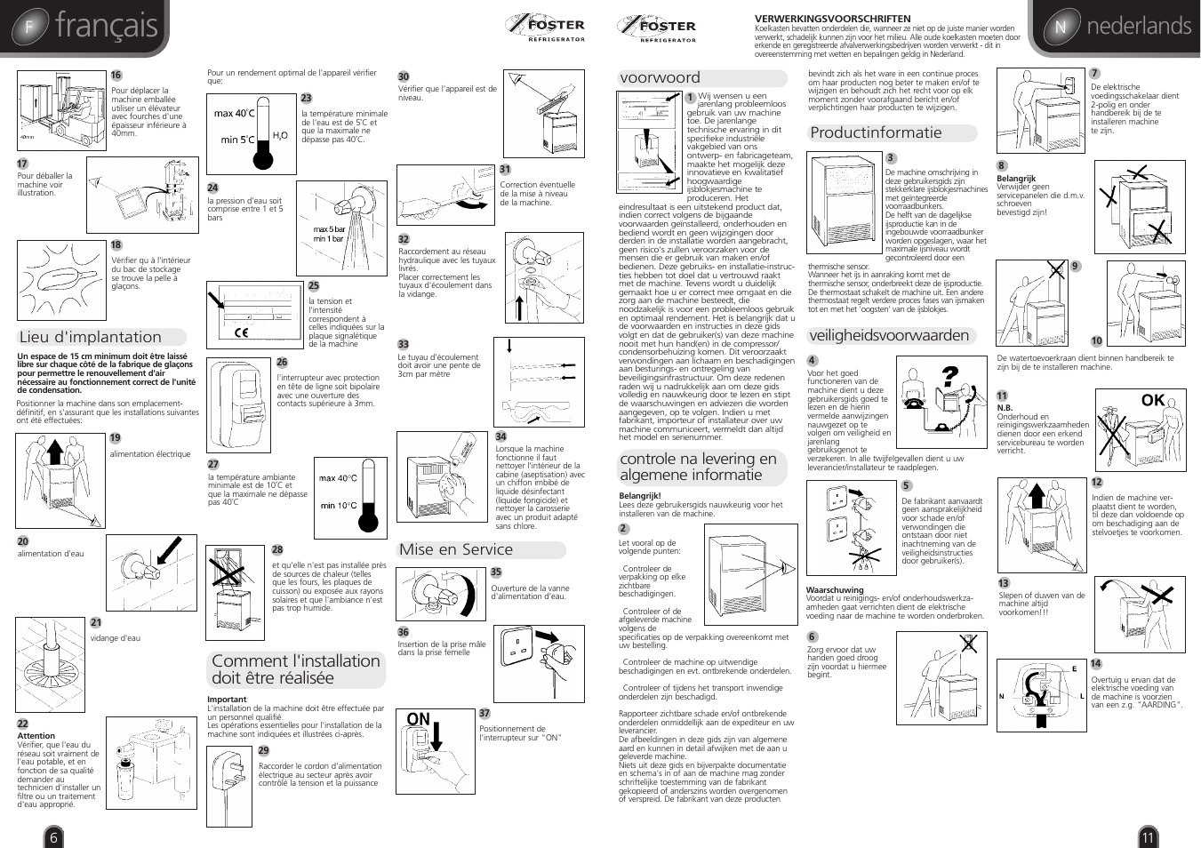 Français, Nederlands, Comment l'installation doit être réalisée | Lieu d'implantation, Mise en service, Productinformatie, Veiligheidsvoorwaarden | Foster CUBE ICE MAKER F60 User Manual | Page 6 / 8