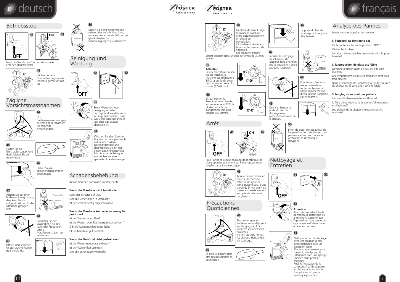 Français, Deutsch, Arrêt | Nettoyage et entretien, Analyse des pannes précautions quotidiennes, Betriebsstop, Tägliche vorsichtsmassnahmen, Reinigung und wartung, Schadensbehebung | Foster CUBE ICE MAKER F60 User Manual | Page 7 / 8