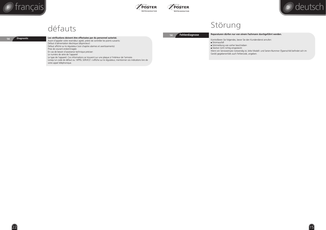 Deutsch, Français, Störung | Défauts | Foster RBC20 User Manual | Page 15 / 18