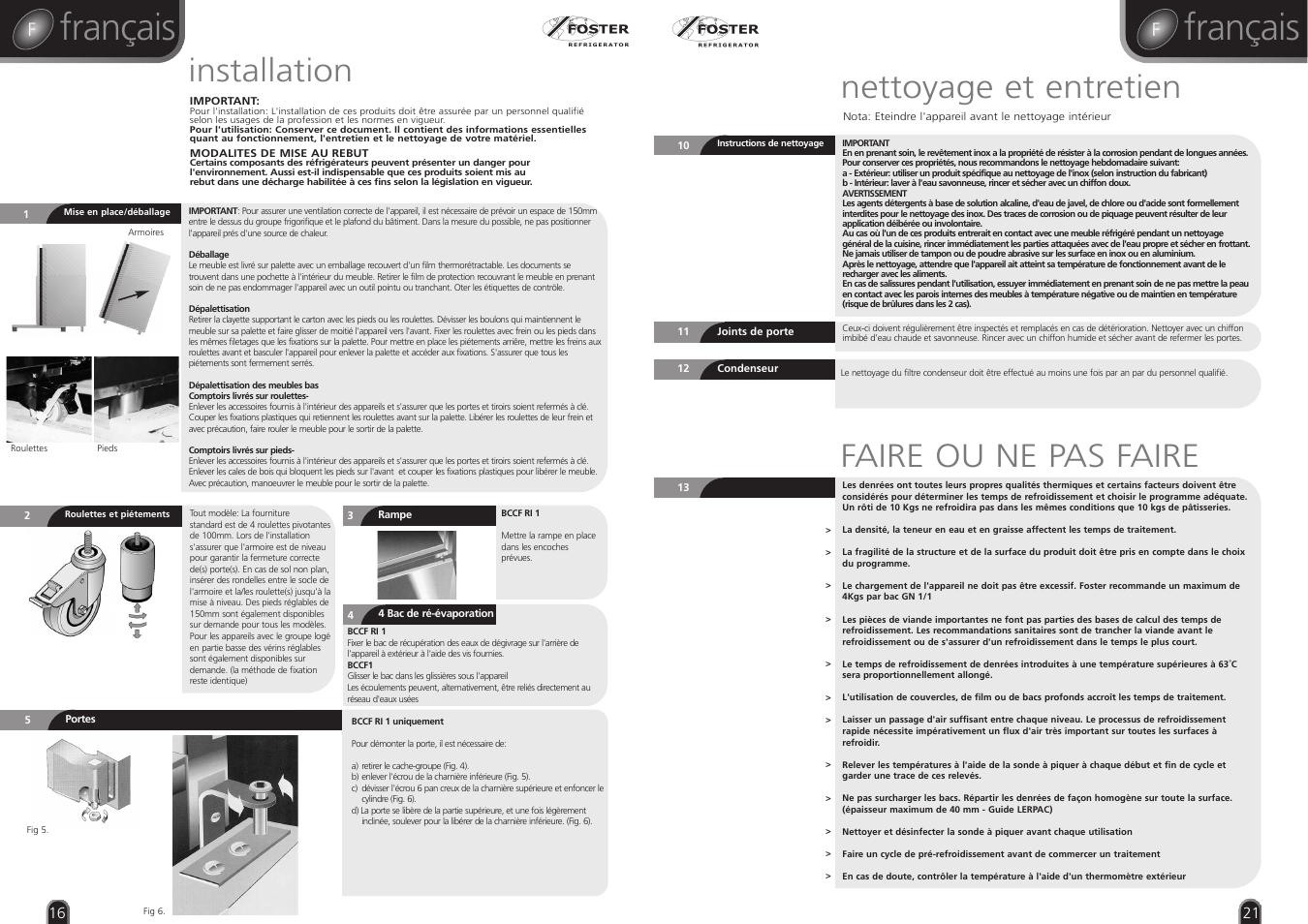 Français, Installation, Nettoyage et entretien | Faire ou ne pas faire | Foster RBC20 User Manual | Page 16 / 18