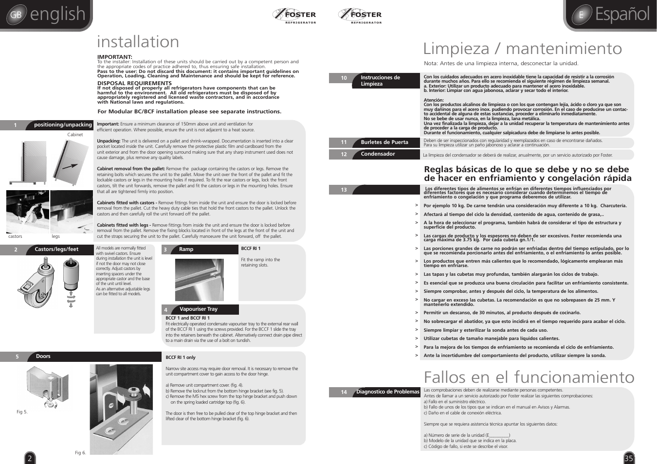 English, Español, Installation | Limpieza / mantenimiento, Fallos en el funcionamiento | Foster RBC20 User Manual | Page 2 / 18