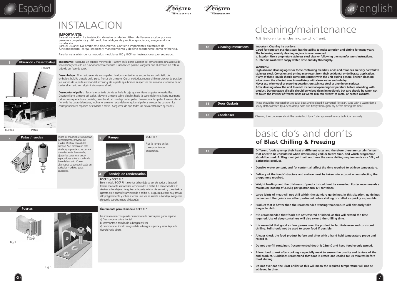English, Español, Cleaning/maintenance | Basic do’s and don’ts, Instalacion, Of blast chilling & freezing | Foster RBC20 User Manual | Page 7 / 18